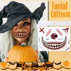 6 Ark Halloween Ansikts Tatueringar, Halloween Ansiktsdekaler Skelettmun Tatuering Halloween Makeup Sätt för Vuxna><noscript><img width=