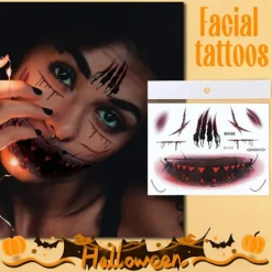 6 Ark Halloween Ansiktstatueringar, Halloween Ansiktsdekaler Skelettmun Tatuering Halloween Sminkset för Vuxna><noscript><img width=