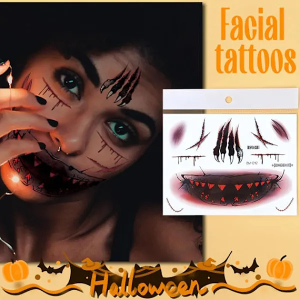 6 Ark Halloween Ansiktstatueringar, Halloween Ansiktsdekaler Skelettmun Tatuering Halloween Sminkset för Vuxna> Smink