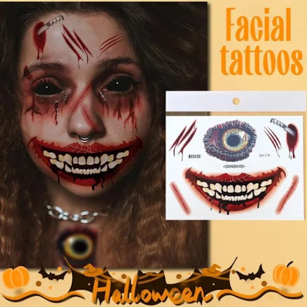 6 Ark Halloween Ansiktstatueringar, Halloween Ansiktsdekaler Skelettmun Tatuering Halloween Sminkset för Vuxna> Smink