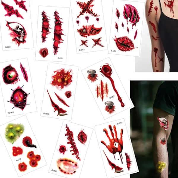 10 Ark Halloween Horror Realistiska Falska Blodiga Sår Stygn Ärr Scab Läskiga Ansikts Tatueringar> Smink