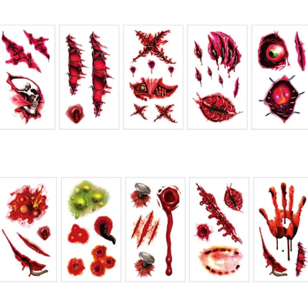 10 Ark Halloween Horror Realistiska Falska Blodiga Sår Stygn Ärr Scab Läskiga Ansikts Tatueringar> Smink