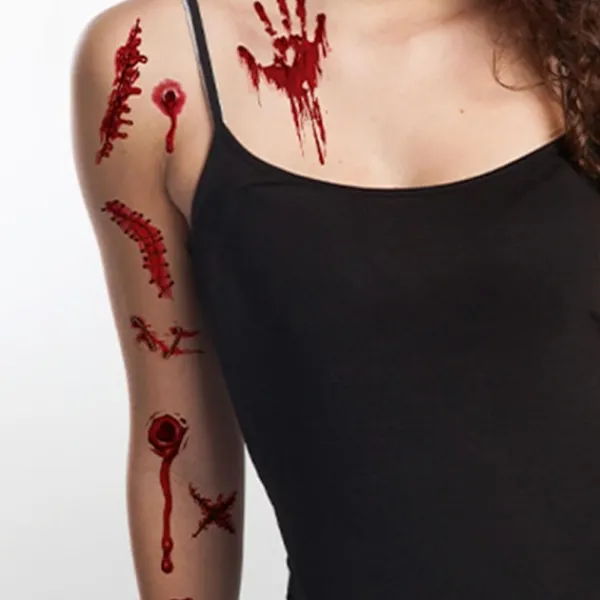 10 Ark Halloween Horror Realistiska Falska Blodiga Sår Stygn Ärr Scab Läskiga Ansikts Tatueringar> Smink