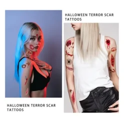 10 Ark Halloween Horror Realistiska Falska Blodiga Sår Stygn Ärr Scab Läskiga Ansikts Tatueringar><noscript><img width=