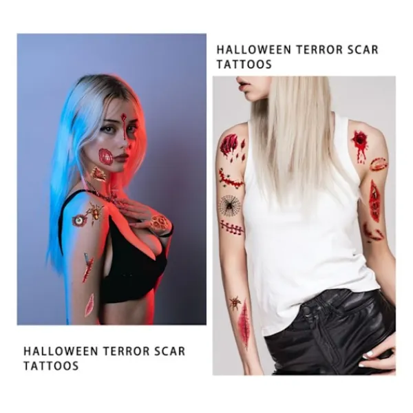 10 Ark Halloween Horror Realistiska Falska Blodiga Sår Stygn Ärr Scab Läskiga Ansikts Tatueringar> Smink