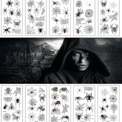 10 ark Halloween-tillbehör Spindel Tatuering, Halloween Tatueringar för Vuxna Barn Kvinnor Häxa Smink Temporär Tatuering, Halloween Smink Läskig Skräck | Fyndiq><noscript><img width=