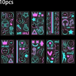 FMYSJ 10 Ark Självlysande Musik Temporära Tatueringar Klistermärken med Ljus Neon Rosa Blå Musik Krona Not Disco fest Tillbehör(FMY)> Smink