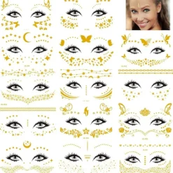 14 ark temporära ansiktstatueringar, ansiktsklistermärken glitter guld met> Smink