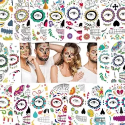 18 ark tillfälliga ansiktstatueringar för Día de Muertos, vuxen Sugar Skull Fake Skeleton Röda Rosor Hela Ansiktet halloween tatueringar Klistermärken, Kvinnor Män Smink Dan | Fyndiq> Smink