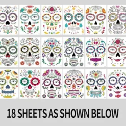 18 ark tillfälliga ansiktstatueringar för Día de Muertos, vuxen Sugar Skull Fake Skeleton Röda Rosor Hela Ansiktet halloween tatueringar Klistermärken, Kvinnor Män Smink Dan | Fyndiq> Smink
