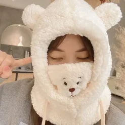 2024 Cartoon Bear Ear Lamb Beanie Hat With Mask Warm Balaclava Winter Thickened Ear Protection Autumn Skullies Beanies for Girl> Huvudbonader