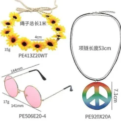 FMYSJ 3 Delar Hippie Kostym Set Hippie Tillbehör Hippie Glasögon Hippie Stil Fredsmärke Halsband Hippie Pannband Hippie 60-tals Party Tillbehör Kit (FMY)> Tillbehör