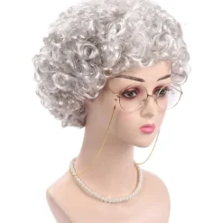 7 delar mormor peruk kostym set, mormor glasögon med pärlor armband, pärlhalsband, cosplay tillbehör för Mardi Gras Halloween (silvergrå peruk)> Peruker