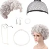 7 delars mormorsperuk kostymset, mormorsglasögon med pärlarmband, pärlhalsband, cosplay-tillbehör för Mardi Gras Halloween (silvergrå peruk)> Peruker