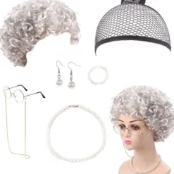 7 delars mormorsperuk kostymset, mormorsglasögon med pärlarmband, pärlhalsband, cosplay-tillbehör för Mardi Gras Halloween (silvergrå peruk)> Peruker