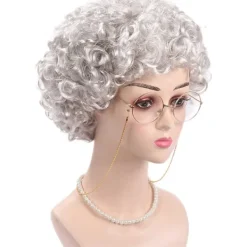 7 delars mormorsperuk kostymset, mormorsglasögon med pärlarmband, pärlhalsband, cosplay-tillbehör för Mardi Gras Halloween (silvergrå peruk)> Peruker