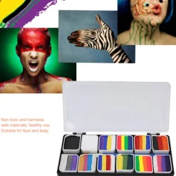12 Färger Ansikts- och Kroppsfärg Vattenbaserad Halloweenfest Bollspel Fläkt Fancy Kroppskonst Smink Pigment><noscript><img width=