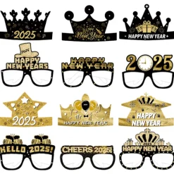 2025 Gott Nytt År Glasögon och hatt, 12-pack Svart Guld Nyårsafton Partyglasögon och hatt, Snygg Fotobåsrekvisita><noscript><img width=