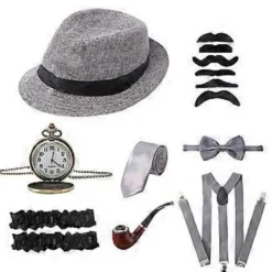 1920 Herr Gatsby Kostym Tillbehör Set Med Panama Gangster Hatt Skägg> Tillbehör