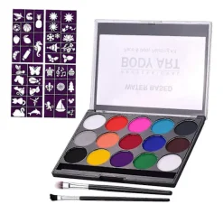 1 Kroppsmålningskit (15 Färger) 2 Penslar 4 Mönstermallar Obs: Som med all kosmetika rekommenderar vi att du gör ett litet hudtest innan du använder det på ett större område | Fyndiq> Smink