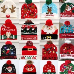 2024 NY LED Julhatt Kreativ Blinkande LED-ljus Stickad Hatt Snögubbe Vinter Varm Färg Stickad Mössa Julklapp> Huvudbonader