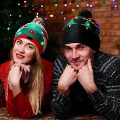 04 NY LED Julhatt Kreativ Blinkande LED-Ljus Stickad Hatt Snögubbe Vinter Varm Färg Stickad Mössa Julklapp><noscript><img width=