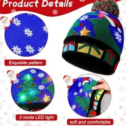 04 NY LED Julhatt Kreativ Blinkande LED-Ljus Stickad Hatt Snögubbe Vinter Varm Färg Stickad Mössa Julklapp><noscript><img width=