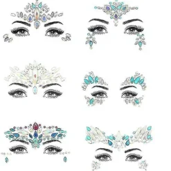 6 Pack Noctilucent Face Gems Tattoo Sticker For Halloween,cosplay Party> Smink