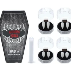 4 par vampyrtänder, 4 storlekar huggtänder för cosplay Halloween med tub fast lim, vampyr kista presentförpackning design> Tillbehör