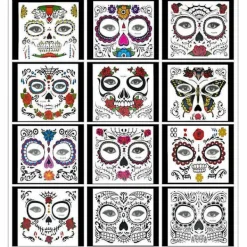 12 Pcs Halloween Sticker Temporary Face Tattoos Makeup Halloween Masquerade Clown Smile Floral Skeleton Black Atmosphere Of Terror For Men Women Kids | Fyndiq> Smink
