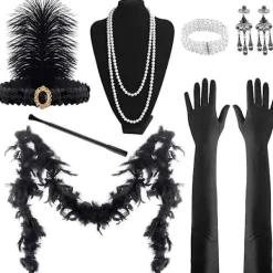 9 Pcs 1920s Accessories Set Headband Necklace Earrings Long Black Gloves Boa Great Gatsby Theme Party Accessories For Womenset C> Tillbehör
