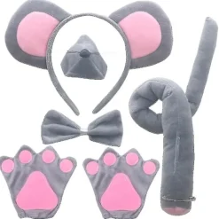 1 Set Musdräkt Set Inkluderar Musöron Pannband Musnäsa Mus Svans Fluga Kit Grå> Tillbehör