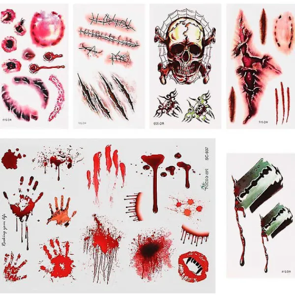 6 Sheets Halloween Temporary Tattoos Bleeding Wound Fake Scars Blood Stickers> Smink