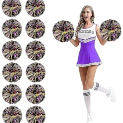 12 st Cheerleading Pom Poms med Fingerhål Metallisk Folie Cheer Pom Poms_Billiga presenter Lila Guld Stor Large> Tillbehör