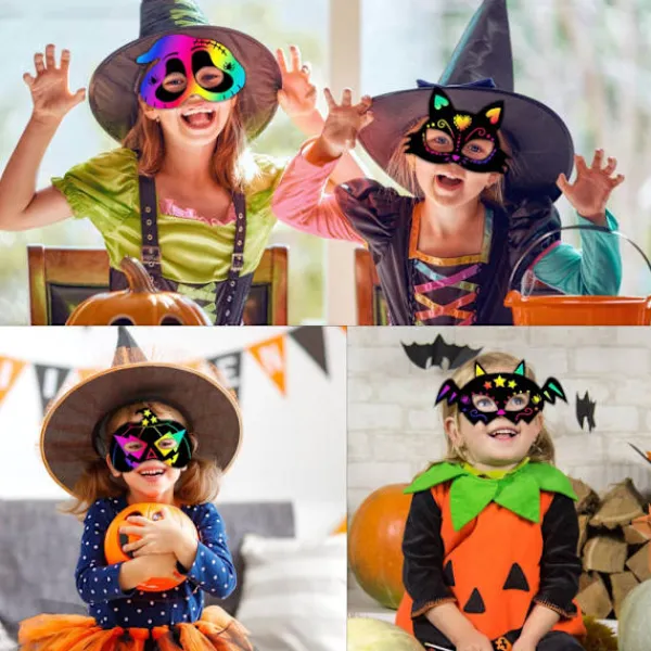 8 st Halloween regnbåge skrapkonst ansiktsmasker skelett häxa pumpa ansiktsmasker Halloween festgåvor tillbehör dekorationer för barn> Masker