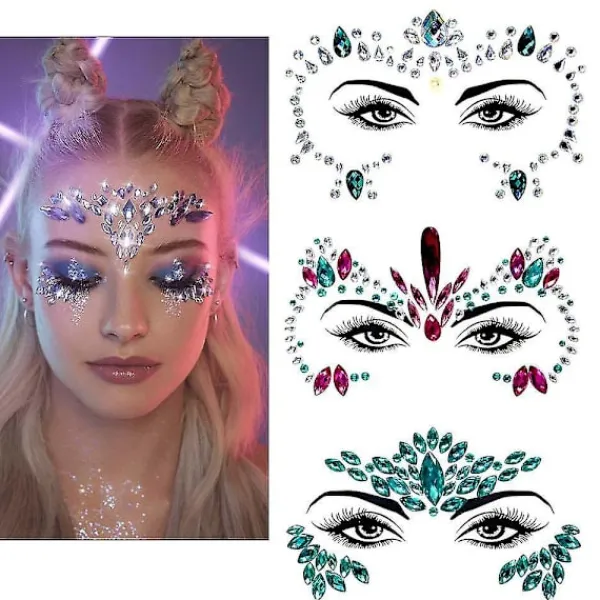 3 st Halloween Självlysande Ansiktsjuveler Tatuering Klistermärke, cosplayf> Smink