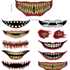 10 st Halloween Skämt Makeup Tillfälliga Tatueringar Ansiktsdekaler, Clown Läskig Stor Mun Vattentät Falsk Tatuering Dekaler><noscript><img width=