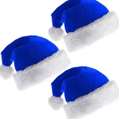 3 st. Jultomtehatt för vuxna, blå och vit, traditionell tomtehatt i plysch, julparty (blå)> Huvudbonader
