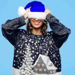 3 st. Jultomtehatt för vuxna, blå och vit, traditionell tomtehatt i plysch, julparty (blå)><noscript><img width=