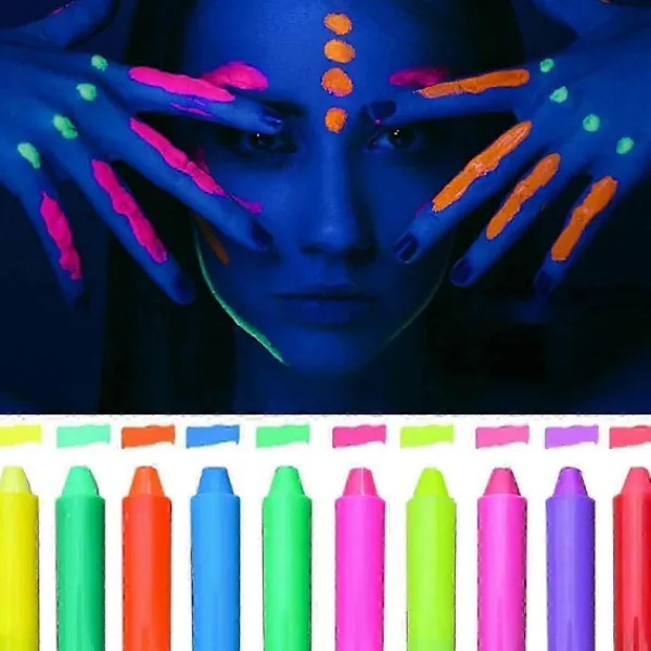 10 st Självlysande Kropps- och Ansiktsfärg, Neon Självlysande i Svart Ljus UV Fluorescerande Kritor Färgstift för Barn Vuxna Halloween Blacklight Födelseda | Fyndiq> Smink