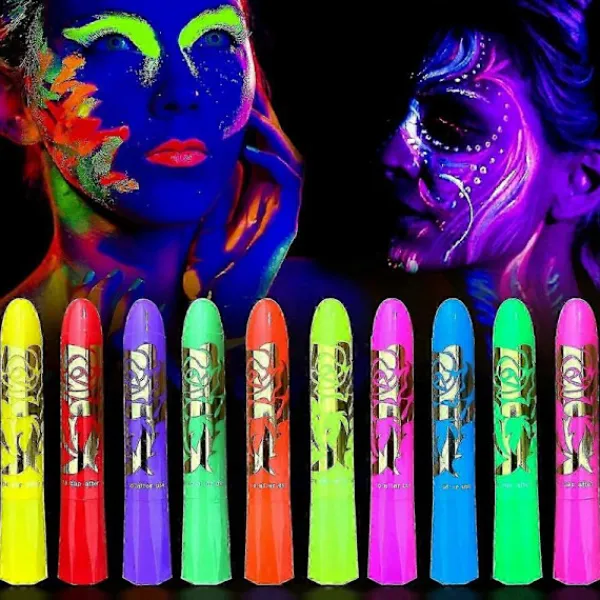 10 st Självlysande Kropps- och Ansiktsfärg, Neon Självlysande i Svart Ljus UV Fluorescerande Kritor Färgstift för Barn Vuxna Halloween Blacklight Födelseda | Fyndiq> Smink