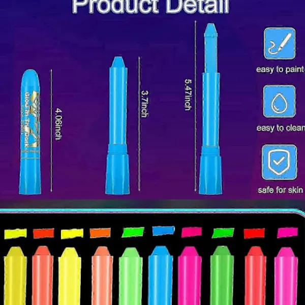 10 st Självlysande Kropps- och Ansiktsfärg, Neon Självlysande i Svart Ljus UV Fluorescerande Kritor Färgstift för Barn Vuxna Halloween Blacklight Födelseda | Fyndiq> Smink