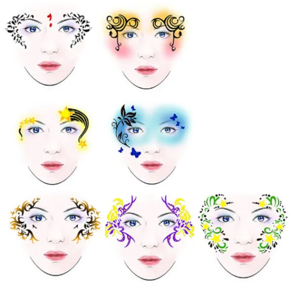 7 Stilar Återanvändbar Ansiktsmålning Schablon Kroppsmålning Mall Blomma Fjäril Ansiktsdesign> Smink