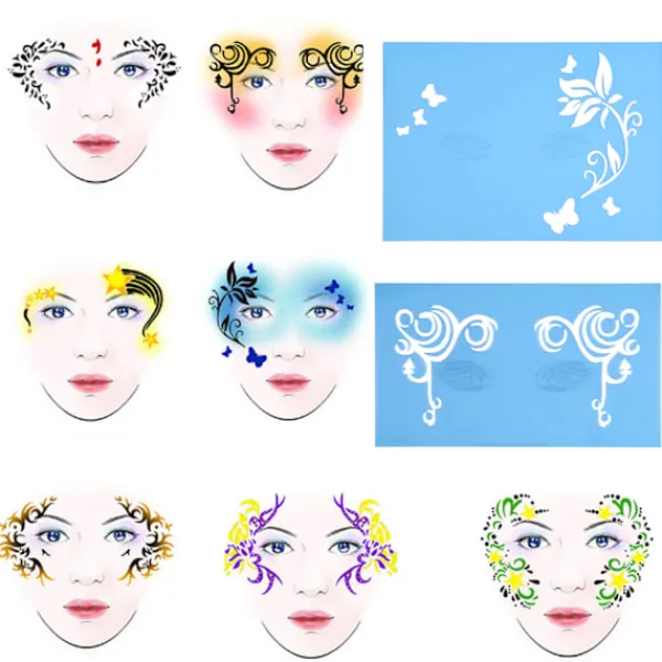 7 Stilar Återanvändbar Ansiktsmålningsstencil Set Blomma Fjäril Kroppsmålningsmall> Smink
