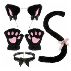 DAO 4 st/set Kattdräkt Cosplay Tillbehör Set Plysch Material Kattöron Pannband Klockhalsband Klotassar Svans Set [DB] One Size> Tillbehör