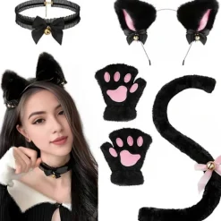 DAO 4 st/set Kattdräkt Cosplay Tillbehör Set Plysch Material Kattöron Pannband Klockhalsband Klotassar Svans Set [DB] One Size> Tillbehör