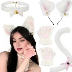 FMYSJ 4 st/set Kattdräkt Cosplay Tillbehör Set Plysch Material Kattöron Hårband Klockhalsband Klotassar Svans Set (FMY) One Size><noscript><img width=