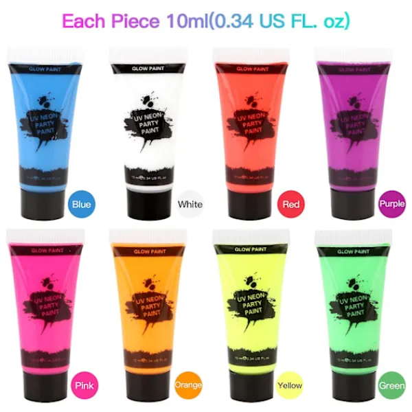 8 Tubar 10ml/0.34oz UV Neon Ansikts- & Kropps färg 8 Färger Neon Fluorescerande UV Svartljus Glöd Säker Icke-> Smink