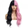 28 tum flerfärgad lugg lång lockig mode cosplay fest peruk (halv rosa halv svart)> Peruker