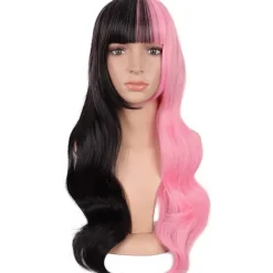 28 tum flerfärgad lugg lång lockig mode cosplay fest peruk (halv rosa halv svart)><noscript><img width=